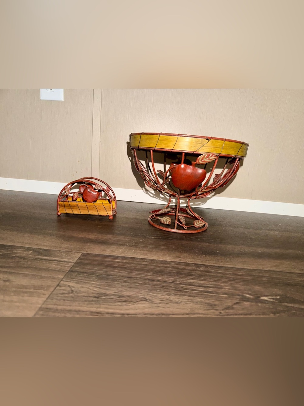 Vintage Apple Metal Fruit Bowl & Napkin Holder Set